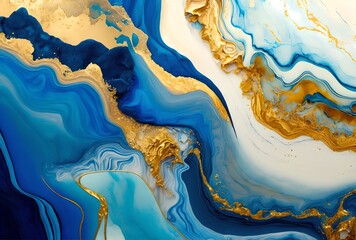 Gold marble painting, abstract art, blue and white colors, stylized and textured, artistic paint decoration for canvas print or wallpaper, generative ai