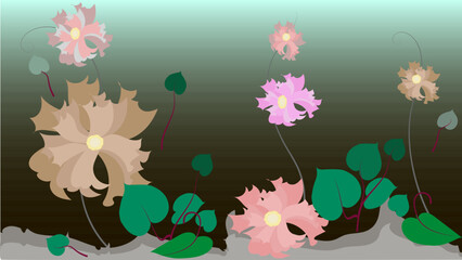 Wallpaper for a smartphone, tablet, computer desktop as a background. Flowers, cloves, trees, autumn, sunset, water, waves, pearls, monster in thin colors. Modern progressive design template.