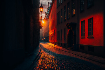 Fototapeta premium A close-up of a narrow cobblestone street in the heart of Stockholm