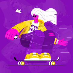 Girl on a skateboard with a phone in her hand. Girl listening to music and ride by skateboard flat art. Vector Illustration