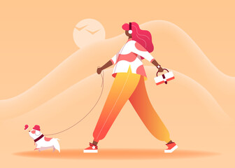Girl walking the dog flat art. African American girl is going with a dog on an orange background. Vector Illustration
