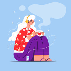 The girl sits on the floor in headphones and drinks tea flat art. Girl listening to music with a cup of coffee in her hands. Vector Illustration