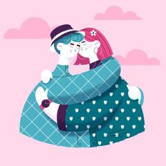 Couple in love flat art. Hugging couple on a pink background with clouds. Happy Valentine's Day, Vector Illustration