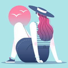 The girl sits on the beach and looks at the sunset fashion art. Girl and sunset flat art illustration. Vector Illustration