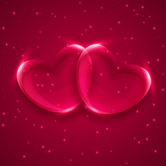 Two Hearts. Happy Valentine's Day concept. 2 glass red hearts on a red background. Valentine's Raster Illustration