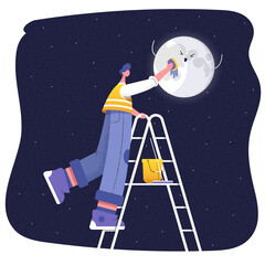 Worker and the moon illustration. A worker is washing the moon with a sponge on a night sky background. Vector Illustration