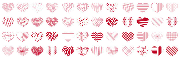 Hearts set. Happy Valentine's Day concept. 48 red hearts painted with a brush and various hatching isolated on white background. Valentine's Vector Illustration