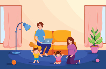 Father use laptop for working.Mother,daughter and son playing together,doing activity in family time
