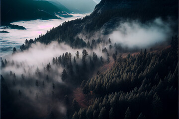 Foggy landscape. Mountains and forest landscape view from above. Created with Generative AI technology.
