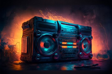 cyberpunk virtual reality boombox ,Futuristic background  ,generative AI 
