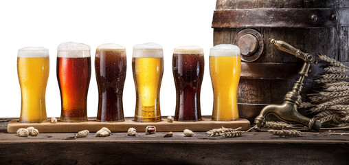 Collection of different chilled beer, beer cask isolated on white background.