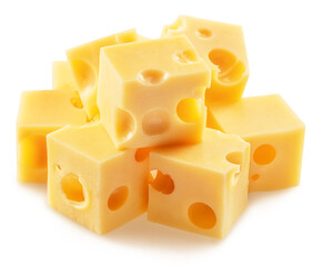 Pyramid of Emmental cheese cubes isolated on white background. File contains clipping path.