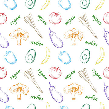 Cute seamless repeat pattern with vegetables, fruits and the word vegan on a white background. Hand drawn vegetables, fruits and lettering in pattern for textile, wrapping paper and packaging design.