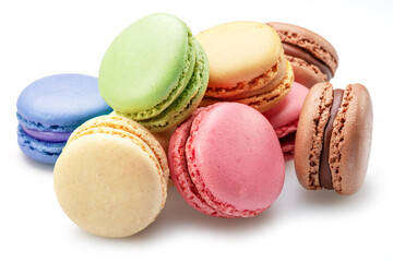Colorful french macarons isolated on white background.