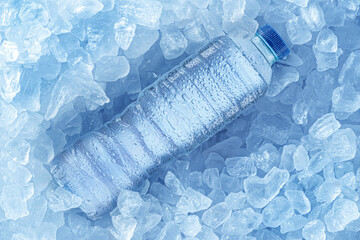 Cold bottle of water over ice cubes. Food and drink background.