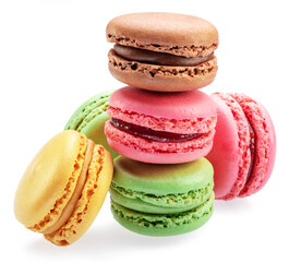 Pyramid of colorful french macarons isolated on white background.