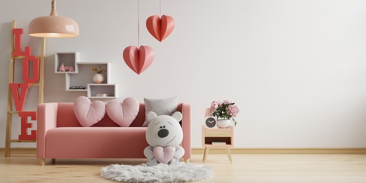 Valentine interior room with pink sofa and home decor for valentine's day.