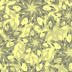 seamless gray openwork pattern of abstract decorative elements on a yellow background, texture, design