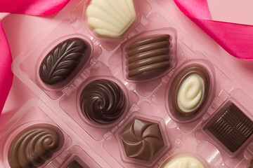 Box with chocolate candies, pink ribbon on a pink background. Valentine's Day concept. Top view.