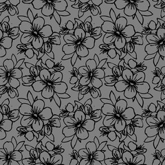 seamless pattern of black contours of flowers on a gray background, texture, design