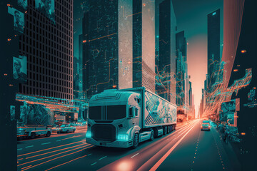A delivery truck navigating through a busy city, with a complex network of traffic and high-rise buildings, generative ai