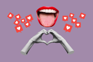 Human female hands showing a heart shape and smiling mouth with red lips and like symbols isolated on a purple color background. 3d trendy collage in magazine style. Contemporary art. Modern design