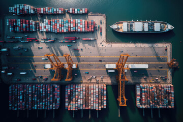 Overhead view of a busy cargo port with ships and cranes, containers being loaded and unloaded, and cargo being transported by trucks and trains, generative ai