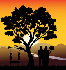 Lovers at sunset on beautiful landscape. Happy Lovers. For card or poster. vector illustration.