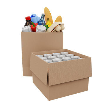 Paper Bag Filled With Groceries Product And Canned Food Box Isolated. 3d Illustration PNG File