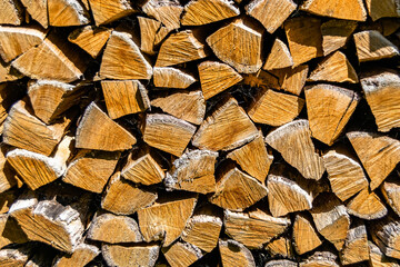 Photography on theme big wall of stacked oak tree logs in cracks