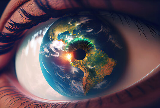Closeup eye with the earth reflection. Earth day and World water day concept. Environmental observation theme. Generative AI