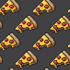 Pizza pixel seamless pattern food isolated on gray background