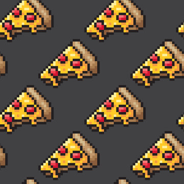 Pizza pixel seamless pattern food isolated on gray background