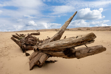 Benguela Eagle shipwreck, , which ran aground in 1973, on the C34-road between Henties Bay and Torra Bay in the Skeleton Coast area of Namibia.