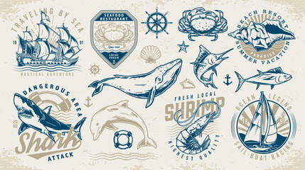 Nautical world labels set colorful