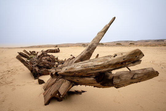 Benguela Eagle shipwreck, , which ran aground in 1973, on the C34-road between Henties Bay and Torra Bay in the Skeleton Coast area of Namibia.	