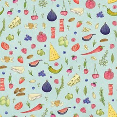 Seamless pattern with food and vegetables for wrapping paper, packaging, wallpaper 