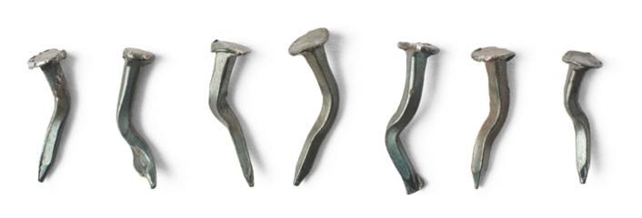 set of unusable and warped nails isolated background, bent and broken steel construction fastening material, failure concept, collection