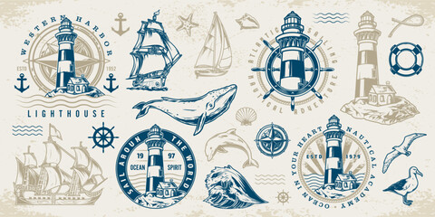 Sea adventures set logotypes colorful