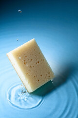 The sponge falls into the water.