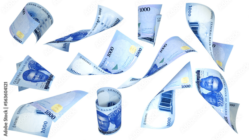 Aufkleber 3D rendering of new 1000 Nigerian naira notes flying in different angles and orientations isolated on transparent background
