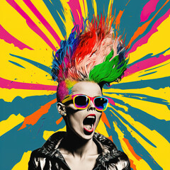 Fusion of contemporary art, Pop art background, colorful colors, collage portrait of a modern hipster, punk girl with a vivid color hairstyle, celebration and party. Illustration. Generative AI.
