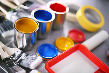 Paintbrushes of different size and paint cans