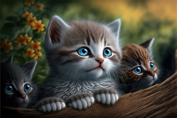 Fluffy kittens sitting in a wicker basket. Generative AI.	