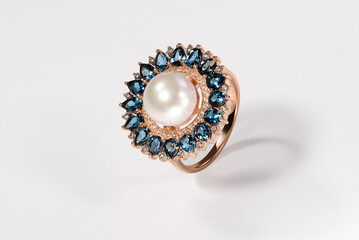 Elegant jewelry set. Jewellery set with gemstones. Jewelry accessories collage. Product still life concept. Ring, necklace and earrings.