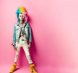 Colorful portrait of a modern hipster, punk girl with a vivid color hairstyle, eccentric girl who expresses musical style through styling, celebration and party. Illustration. Generative AI.