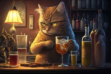 cat barman mixing drinks in a bar illustration generative ai - obrazy, fototapety, plakaty