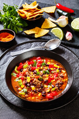 taco soup of ground beef, corn, beans and veggies