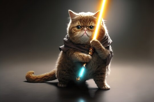 jedi cat holding light saber illustration generative ai