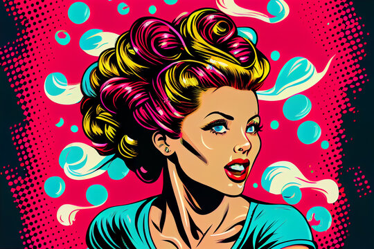 Sexy Pin-up Frau mit Lockenwickler. Bunter Hintergrund in Pop-Art Retro-Comic-Stil - Generative Ai
